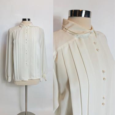 Double Collar White Button Down Blouse 1980s 