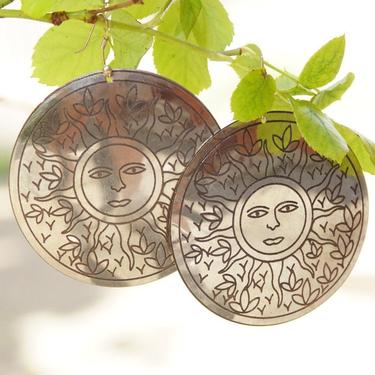 Vintage Silver Medallion Sun Dangle Earrings, Large Silver Disc With Sun Face & Flower Design, French Hooks, Statement Earrings, 3&quot; Long 