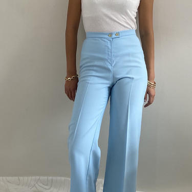 70s polyester flares / vintage baby aqua blue polyester crepe perma crease high waisted bell bottoms flared cuffed pants | 27 W 