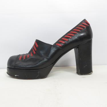 Vintage 70s Does 40s Black And Red Leather Platform Heels Made In Greece Size 6 