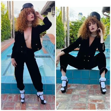 80s Black Velvet 2 piece Suit Blazer gold buttons high waist pants xs s 