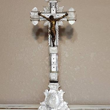 Antique Jerusalem Carved Olive Wood Bronze Jesus Christ Mounted Abalone Inlaid Mother-of-Pearl Crucifix - Church Altarpiece 