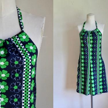 Vintage 1960s Lime Green &amp; Navy Floral Halter Dress / M 