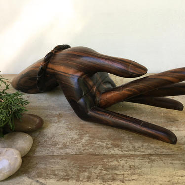 Vintage Carved Wood Hand, Wooden Hand, Woman's Hand With Bracelet, Repair Made, Exotic Dark Wood 