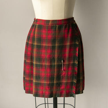 1970s Wool Mini Skirt Plaid Pleated Wrap S 