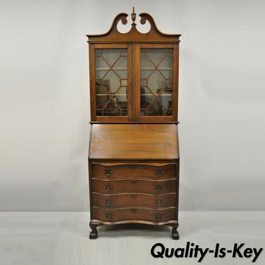 Antique Mahogany Chippendale Style Bow Front Ball and Claw Tall Secretary Desk
