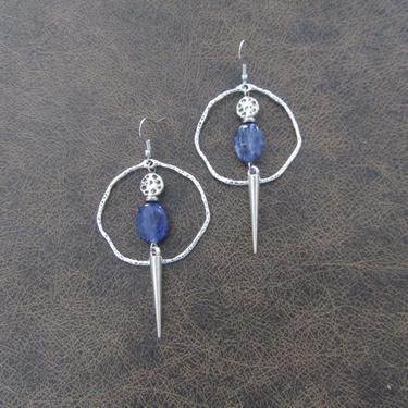 Hoop earrings, etched silver and blue lapis earrings, mid century modern earrings, bold statement earrings artisan unique modern earrings 