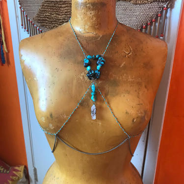 Crystal Turquoise Body Chain- Body Jewelry- Shoulder Necklace- Festival Fashion- Burning Man Clothing Women- Handmade Custom Body Jewelry 