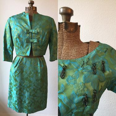 Aegian 50s Dress and Jacket| Vintage floral brocade sheath and jacket| 1950's Green and Blue Brocade Short Sleeve Beaded dress with Matching 