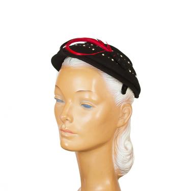 1950s Hat ~ Black Felt Studded Red Feather Cap 