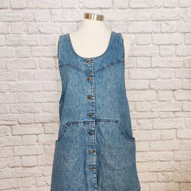 Vintage 90s Denim Jumper Dress // Blue Button-Up Overall Style 