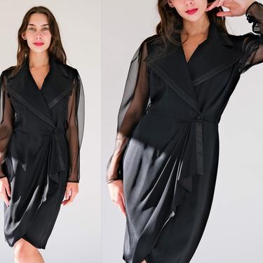 Vintage 80s CACHE Black Tuxedo Style Wrap Dress w/ Sheer Sleeves | Made in USA | Evening, Cocktail, Party Dress | 1980s Designer Dress 