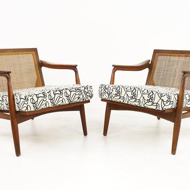 Lawrence Peabody Mid Century Walnut and Cane Lounge Chairs - A Pair - mcm 