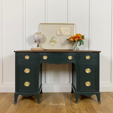NEW - Vintage 1940's Hepplewhite Desk, Antique Office, Bedroom Furniture, Green Vanity with Stained Walnut Top 