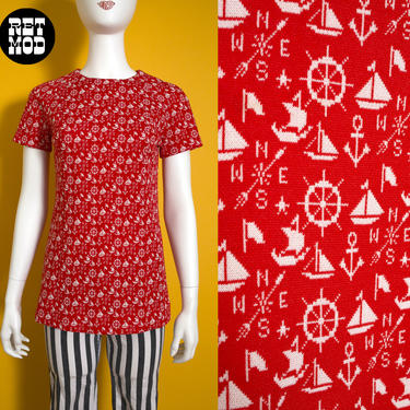 AWESOME Vintage 60s 70s Red &amp; White Nautical Themed Double Knit Poly Short Sleeve Tunic Top 