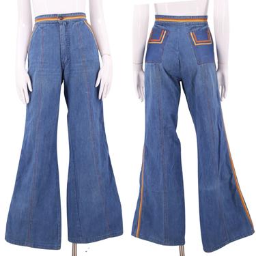70s FADED GLORY high waisted leather trim bell bottom jeans 29 / vintage 1970s hi rise leather pockets bells flares pants 8 
