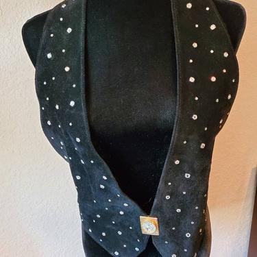 Vintage black suede and crystal rhinstone vest by St Maarten Dallas, 1980's 