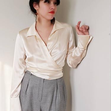 1990s Cream Silk Long Sleeved Blouse Wrap Around Brooks Brothers / 90s Large Cuffed Evening Shirt / L / Janet 