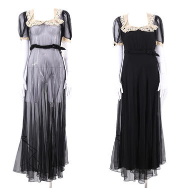 30s black sheer chiffon gown size M / vintage 1930s Art Deco white linen trim evening dress maxi 