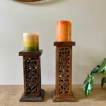 Vintage Candleholders - Wood Carved Candle Holders - Carved Candlestick Holders - Brass Top 