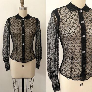Vintage 1950s Black Lace Blouse 50s Sheer 