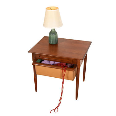 Danish Teak Sewing Table w. Divider Drawer and Felt-Lined Leather Basket