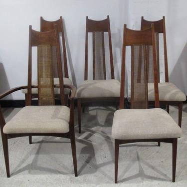 SET OF FIVE ADRIAN PEARSALL STYLE HIGH BACK CANE DINING CHAIRS mid century arm