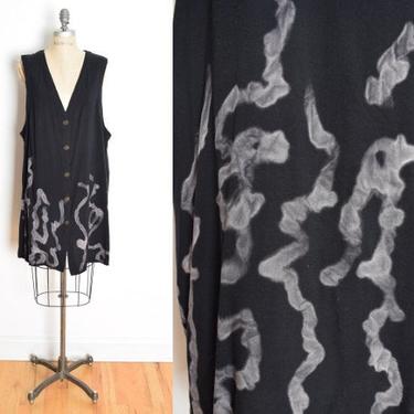 vintage 90s tunic dress black rayon batik smoke print vest top clothing XL 