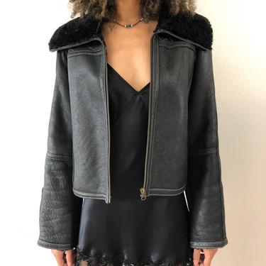 Vintage Black Sheepskin Shearling Leather Jacket With Big Collar 