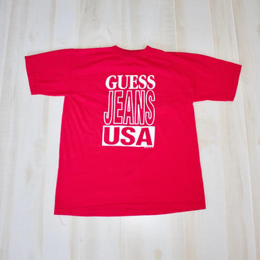 Vintage 90s Guess T Shirt, 1990s Graphic T Shirt, Tee, Top, Red, Guess Jeans USA, Rare, Georges Marciano 