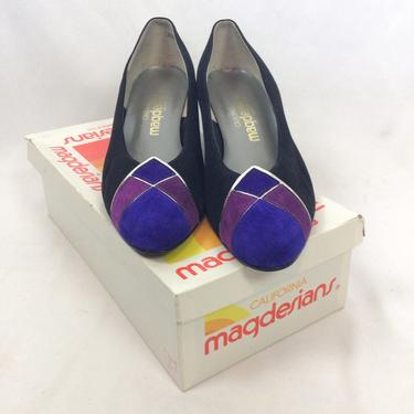 Vintage 80s Shoes | Vintage black purple suede slip ones | 1980s dead stock Magdesians wedge shoes 