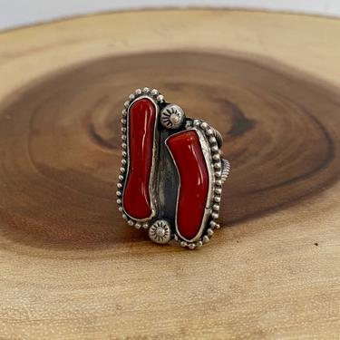 RED DELICIOUS Vintage Coral &amp; Sterling Silver Ring | Native American Navajo Style Jewelry |  Boho Southwest Jewelry | Size 9 1/4 