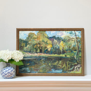 Vintage Impressionist Landscape European En Plein Air River Forest Scene 