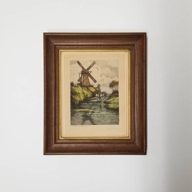 Vintage Original Painting / Dutch Windmill Water Color Painting in Neutral Muted Colors / Vintage Artwork Wall Decor in Dark Wood Frame 