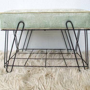 Mid-century Black Wire Stool with Rack and Removable Seafoam Green Cushion 