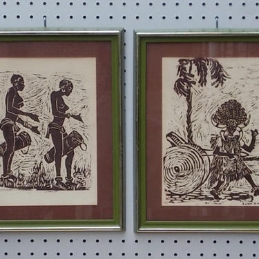 Set of Four Original Mid Century Linocut Wood Block African Scenes 