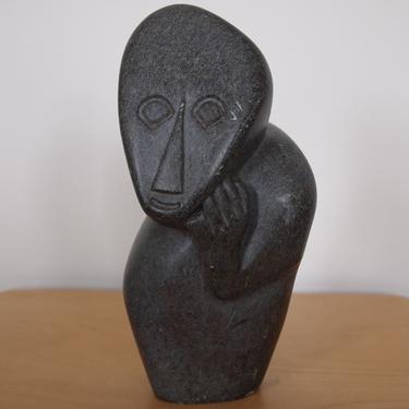 Vintage &amp;quot;M. Jamba&amp;quot; Carved Stone Figure, 10&amp;quot; Abstract Thinking Man Shona African Art Sculpture, mid-century modern tribal primitive eames era 