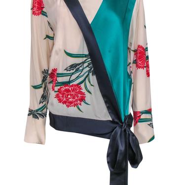 Diane von Furstenberg - Beige, Green & Red Floral Print Silk Wrap Blouse Sz M