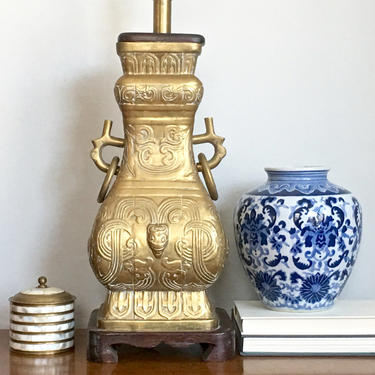 Vintage James Mont Style Brass Table Lamp Chinese Shang Dynasty Style 