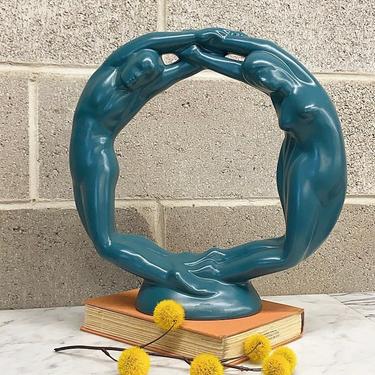 Vintage Circle of Love Statue Retro 1980s Haeger + Contemporary + Dark Teal Color + Ceramic Frame + Man and Woman + Home and Table Decor 