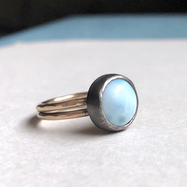 Sky Ring - Blue Larimar in Black Sterling Silver Bezel on a double 14k gold filled band 