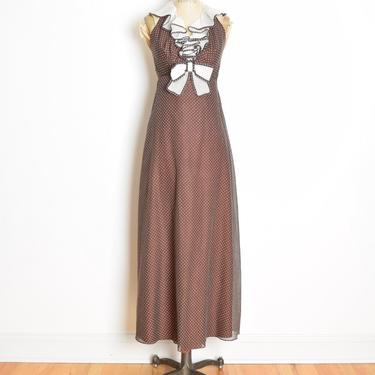 vintage 70s dress Miss Elliette polka dot ruffle long halter maxi prom XS brown clothing shawl set 