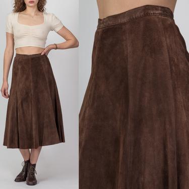 70s Boho Brown Suede Midi Skirt - Small, 26.5&quot; | Vintage High Waisted Trumpet Hem Hippie Skirt 