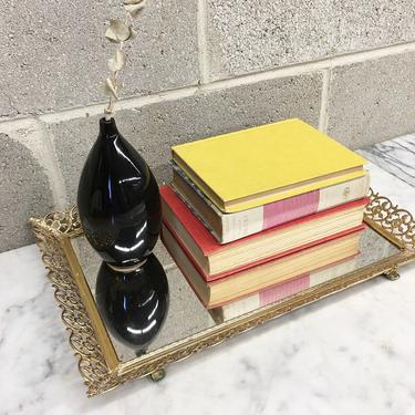 Vintage Mirrored Tray Retro 1980s Hollywood Regency + Gold Metal + Ornate Floral Trim + Rectangular Mirror + Vanity + Home and Table Décor 