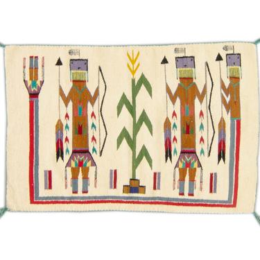 Vintage 2’3” x 3’5” American Navajo Yei Figural Design Ivory Chocolate Scarlet Wool Accent 1970s - FREE DOMESTIC SHIPPING 