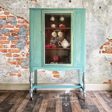 Teal Aqua Gold Boho chic china cabinet. Antique hutch. Linen cabinet. Entryway cabinet. Antique bookcase. 