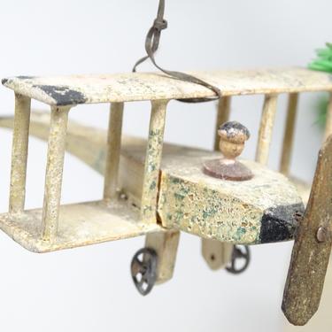 Antique 1920's Hand Made Wooden Airplane Christmas Ornament, Vintage Hand Painted Decoration 