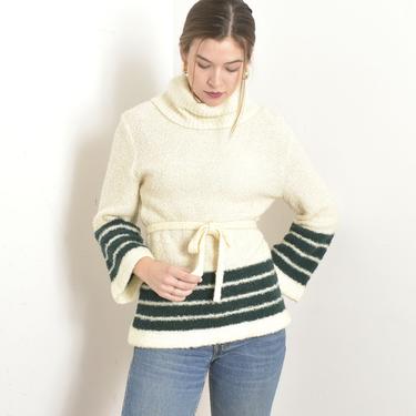 Vintage 1970s Sweater / 70s Striped Knit Turtleneck Sweater / White Green ( M L ) 