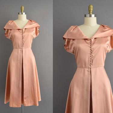 vintage 1950s dress | Gorgeous University Frock Pink Satin Cocktail Party Wedding Dress | Large | 50s vintage dress 