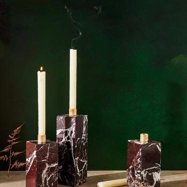 House of Harlow 1960 Creator Collab - Candle Holder Pair in Rosso Levanto Marble with Brushed Brass detail 